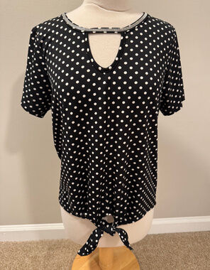 Louise Paris Women PXL Blouse Polka Dot Rhinestone Keyhole Neck Tie Front Top XL